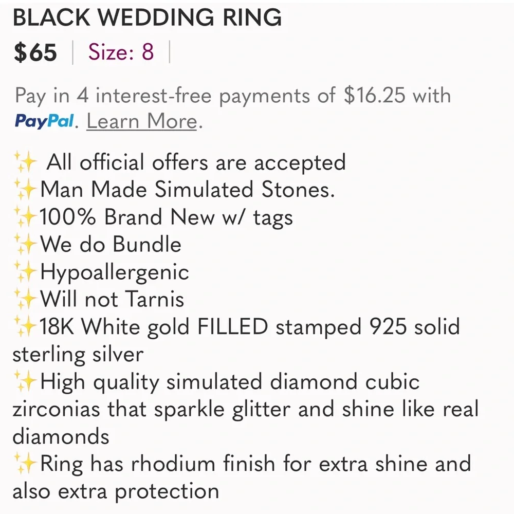 BLACK RING Womens 8 - Picture 2 of 3